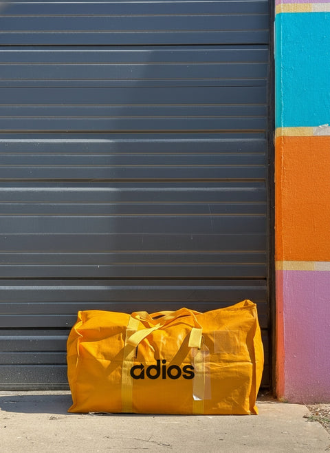 Yellow Adidas bag leaning against a colorful wall with a gray shutter.