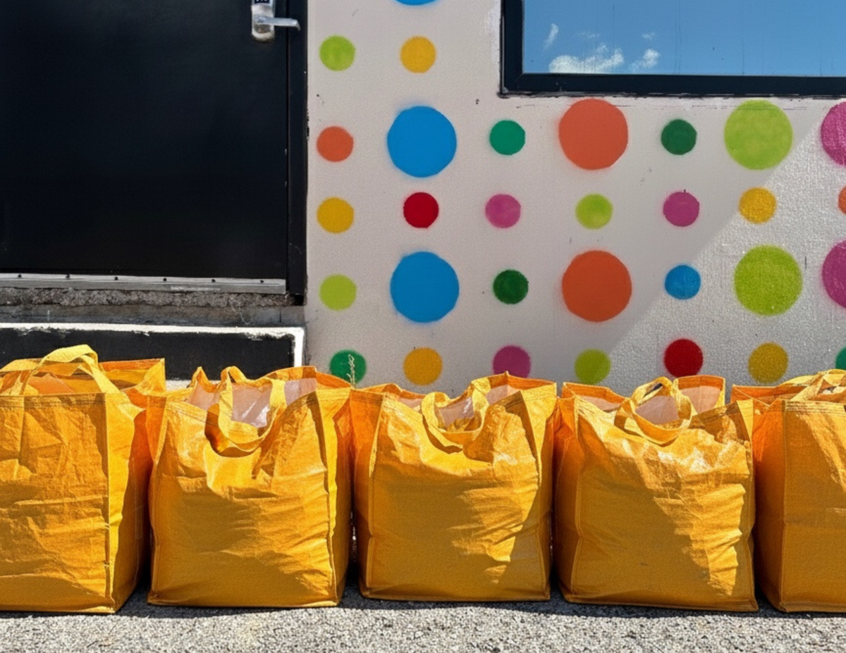 Yellow bags lined up in front of a colorful polka dot vehicle.