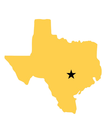 Yellow outline of Texas with a black star in the center on a white background. Austin Texas