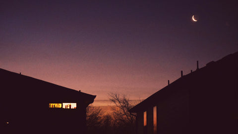 Silhouettes of buildings against a dark sky with a crescent moon.