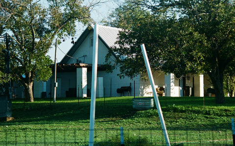 White building with a metal roof in a grassy area with trees