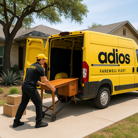 Person moving a desk out of a yellow van labeled 'adios Farewell Fleet' in a residential area.