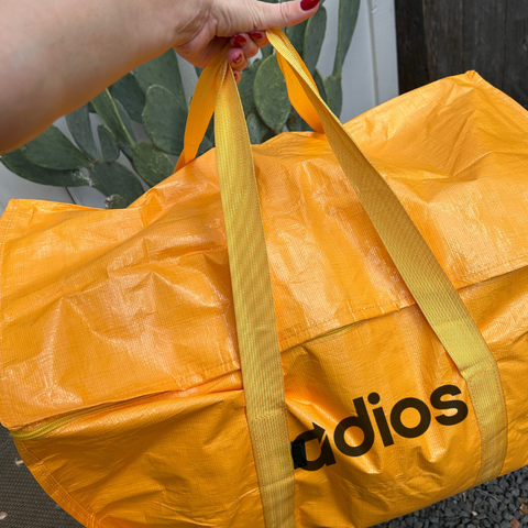 Austin reuse donation – Person with yellow Adios bag for decluttering, plant in background